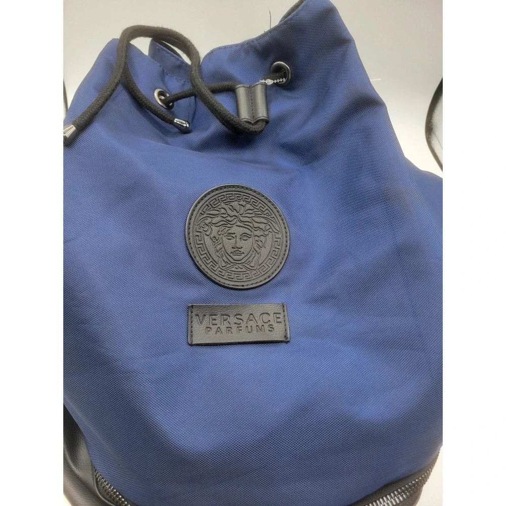 Versace Parfums Navy Blue Nylon Medusa Drawstring Backpack Greca Straps Bag